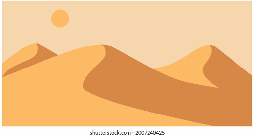Desert landscape with a sun and sandy.Desert dunes background.Abstract vector background with dramatic desert dunes and sunset.