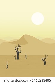 Desert landscape sunny dunes and dry tree illustration. Aesthetic minimalist sahara panorama poster.