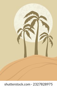 Desert landscape, sunny dunes and palms illustration. Earth tones, beige colors.