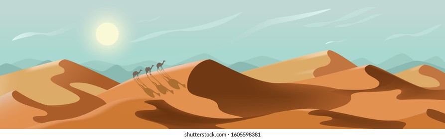 Desert landscape. Sunny nature panorama with camels. Bright summer day among endless sand dunes. Environment with no people. Vector peaceful banner