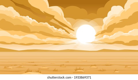 Desert landscape. Sunrise over the desert. The sun is surrounded by clouds