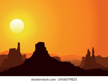 Desert landscape in the sunset in Africa. Vector illustration in flat style.