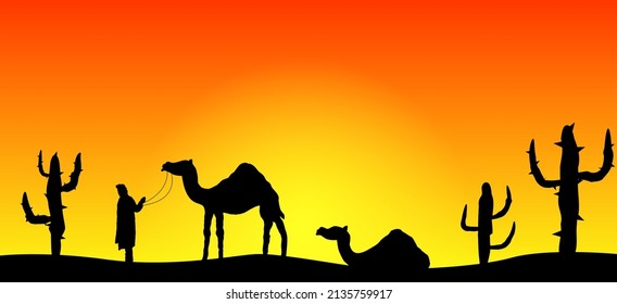 Desert Landscape Sunset with Bedouin and Camels