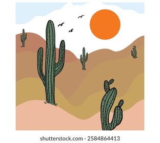 Desert landscape at sunset with cactus and mountain on sunset. Desert Mountain Vectors.