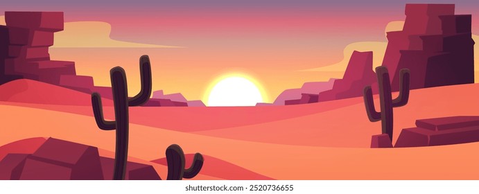 Desert landscape. Sunset. Evening. Wild West. Orange sand, mountains, sun and cactus. Beautiful horizon. Panorama. Nobody. Horizontal game banner. Cartoon style. Vector illustration.