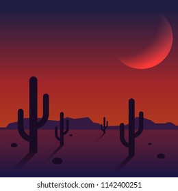Desert landscape sunset with mountain range and cactus background, vector illustration
