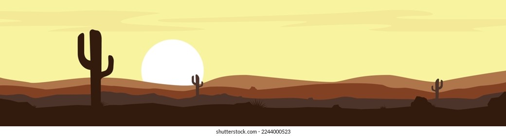 Desert landscape. Sunset in the desert with mountains and cactus. Cartoon style. Vector illustration. 