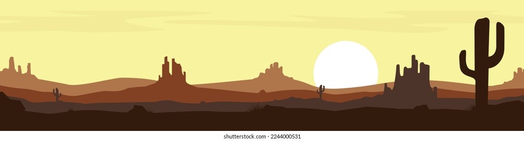 Desert landscape. Sunset in the desert with mountains and cactus. Cartoon style. Vector illustration. 