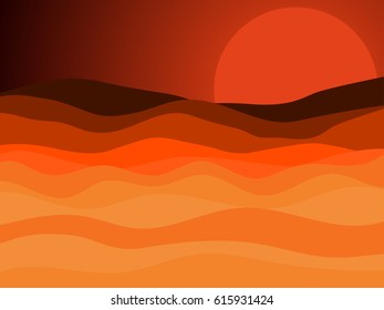 Desert landscape, sunset with a red sun in the desert. Vector illustration