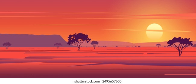 Paisaje desértico al atardecer. Arena de color rojo anaranjado con árboles y montañas. El sol está bajo en el horizonte. Montañas lejanas y cielos despejados. Ilustración vectorial Savannah. Naturaleza africana.