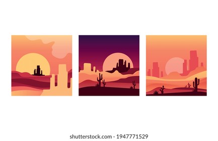 Paisaje desierto en Sunset Set, hermosa naturaleza con Cactus y colinas Silhouettes Ilustración vectorial