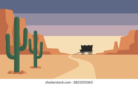 Desert landscape at sunset showing a silhouette of a horse carriage on a path surrounded by saguaro cacti.