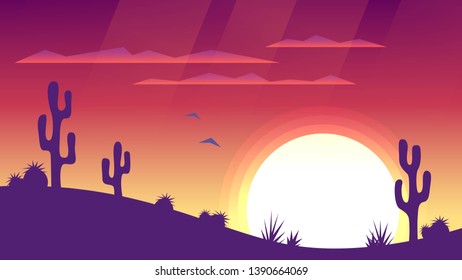 Desert landscape with sunset and silhouettes of cacti. Wild West