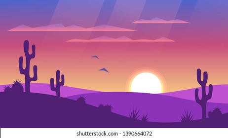 Desert landscape with sunset and silhouettes of cacti. Wild West