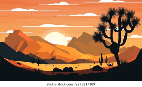 Desert landscape sunset with silhoutte trees vector illustration