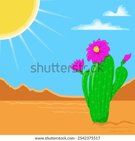 Desert landscape with sunshine, blu sky and cactus. Vector illustration, beautiful wilderness, horizontal view.Tourism, travel, vacation.
