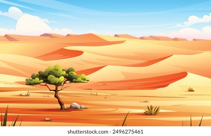 Paisaje del desierto con el fondo de las dunas del árbol y de la arena bajo cielo azul. Vector ilustración de dibujos animados