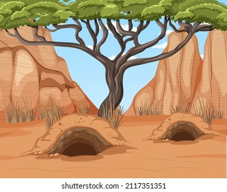 Paisaje del desierto con árboles y animales ardiendo ilustración