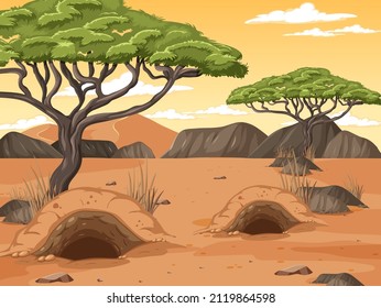 Desert landscape with trees and animals burrow illustration