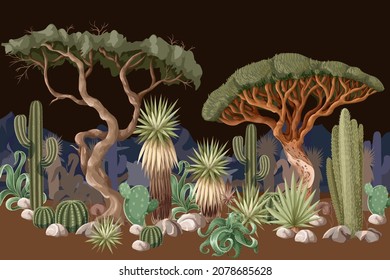 Desert landscape with trees and cactuses. Vector