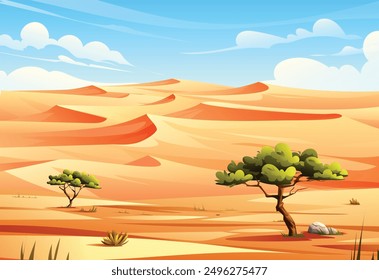 Wüstenlandschaft mit Bäumen und Sanddünen unter dem Himmel. Natur, Hintergrund, Vektorgrafik