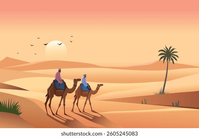Desert landscape, two men, detailed clothing, riding camels