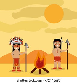 desert landscape and two native american indian with bonfire