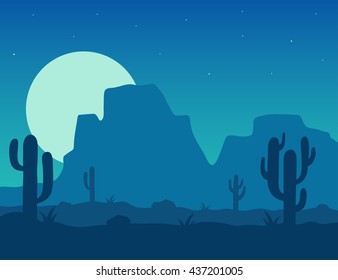 Desert landscape under the night sky vector illustration. Night desert area with silhouettes of stones, cacti, plants and mountains. Background Mexico or Arizona desert under the moon. 