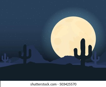Desert landscape under the night sky vector illustration.
