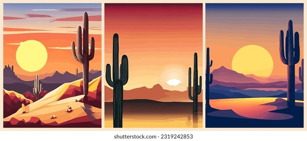 Desert landscape. Vector art illustration of sunset in western desert with cactuses and mountains silhouettes, red sky and sun. Nature Picture for background, card, poster, cover