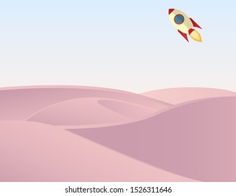 Desert landscape vector background. Natural sand dunes in sunset wallpaper with flying rocket