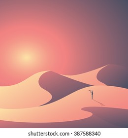 Desert landscape vector background. Natural sand dunes in sunset wallpaper with explorer. Eps10 vector illustration.