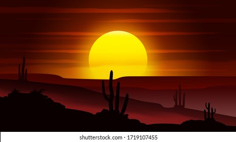 Desert landscape vector background, desert sunset.