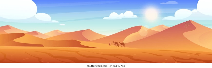 Paisaje del desierto. Ilustración Horizontal de Vector del desierto con dunas de arena, sol, colinas, caravana de camellos. Naturaleza africana caliente o salvaje del oeste de México. Desierto de oro al atardecer. Hombre árabe en el desierto del Sahara