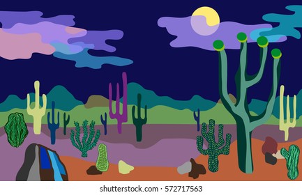 Desert landscape. Vector illustration. Beautiful scenery with mountains, cacti and cloudy sky. Night.