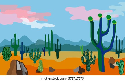 Desert landscape. Vector illustration. Beautiful scenery with mountains, cacti and cloudy sky. Day.