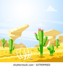 Desert landscape, vector illustration. Cactuses, rocks and sand dunes cartoon background. Summer travel and adventures concept.
