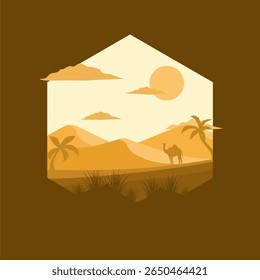 Desert Landscape Vector Illustration with Camel and Palm Trees
