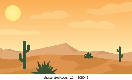 Desert landscape vector illustration. Canyon desert landscape with cactus, ridge and clear sky. American desert silhouette landscape for background, wallpaper, display or landing page