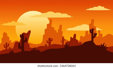 Ilustración vectorial del paisaje del desierto. Paisaje del desierto del cañón con cactus, crestas y piedras. Paisaje desértico americano para fondo, fondo de pared, pantalla o página de aterrizaje. Ilustración del oeste salvaje