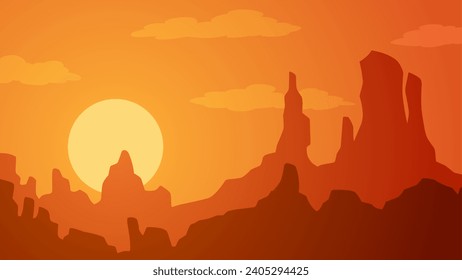 Desert landscape vector illustration. Canyon desert silhouette landscape with sunset sky. Wild west desert landscape for illustration, background or wallpaper. American desert vector illustration