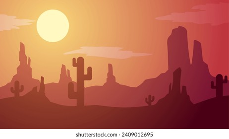 Desert landscape vector illustration. Canyon desert silhouette landscape with sunset sky. Wild west desert landscape for illustration, background or wallpaper. American desert vector illustration