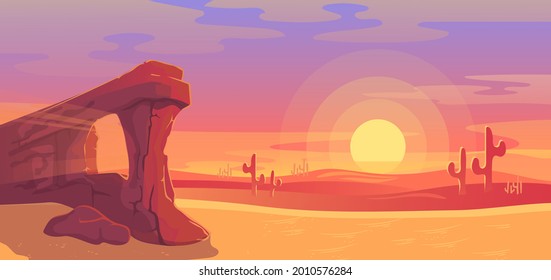 Desert landscape vector illustration, cartoon flat panoramic nature scenery with dry sand land, sandstone rock canyon, cactuses silhouettes and dust clouds in red sunset sky