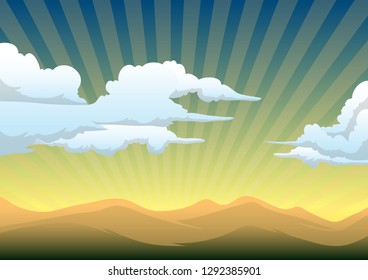 Desert landscape vector illustration with cloudy sky and blue yellow background