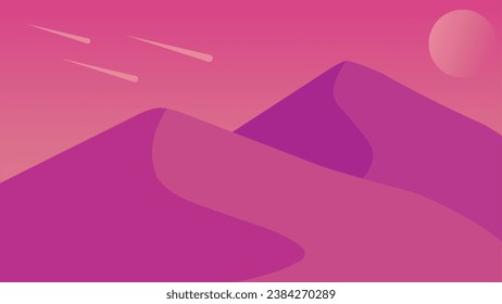 Ilustración vectorial del paisaje del desierto. Dune el paisaje del desierto de noche con estrellas fugaces. Paisaje subtropical del desierto para fondo, fondo de pantalla o página de aterrizaje