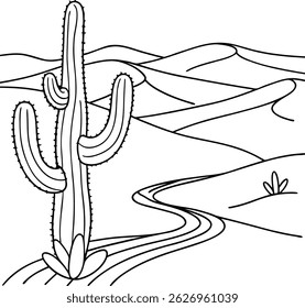 Desert landscape vector illustration featuring a large cactus and rolling sand dunes in black and white