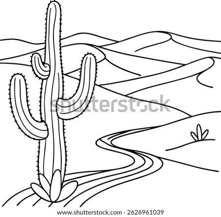 Desert landscape vector illustration featuring a large cactus and rolling sand dunes in black and white