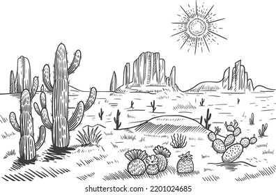 Desert landscape vector illustration. Hand drawn black and white line desert with saguaro and opuntia blooming cactus.