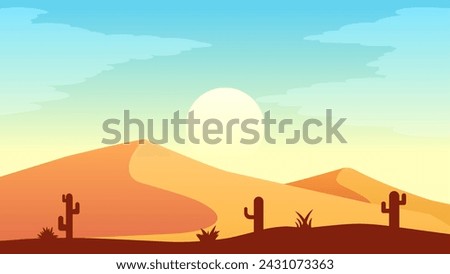 Desert landscape vector illustration. Heat and dry sand desert with cactus plant in the morning. Sand desert landscape for illustration, background or wallpaper