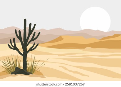 Desert landscape. Vector illustration of a hot sandy desert with cactus and grass. Beautiful dunes against the backdrop of the bright scorching sun. Drought. Flat design.